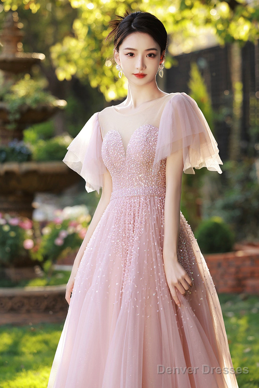 Beautiful Tulle Beaded Long Prom Dress, Pink Evening Dress Party Dress Secondary image