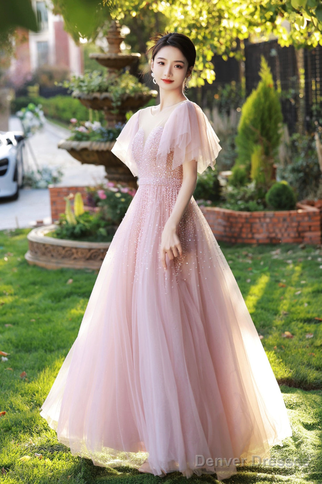 Beautiful Tulle Beaded Long Prom Dress, Pink Evening Dress Party Dress