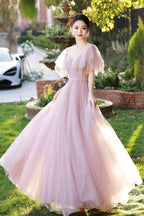 Beautiful Tulle Beaded Long Prom Dress, Pink Evening Dress Party Dress