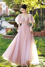 Beautiful Tulle Beaded Long Prom Dress, Pink Evening Dress Party Dress