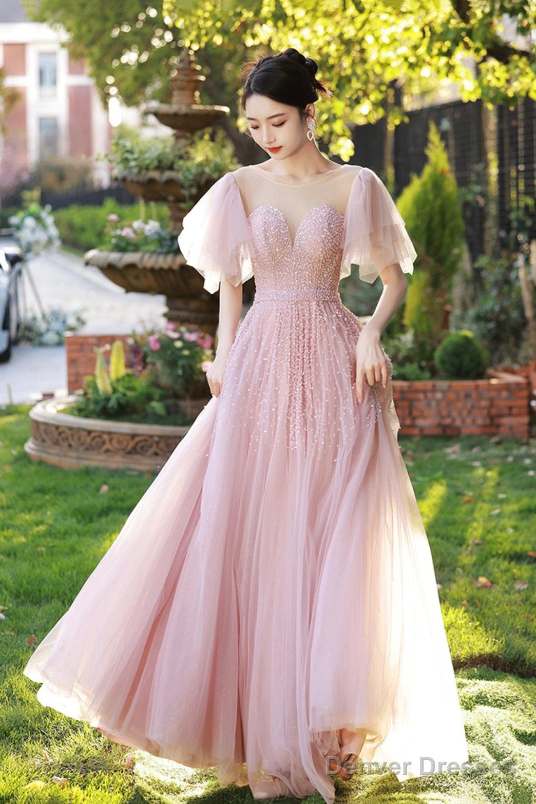 Beautiful Tulle Beaded Long Prom Dress, Pink Evening Dress Party Dress