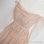 Beautiful Tulle Beaded Long Sleeves Prom Dresses, A-Line Champagne Evening Gown