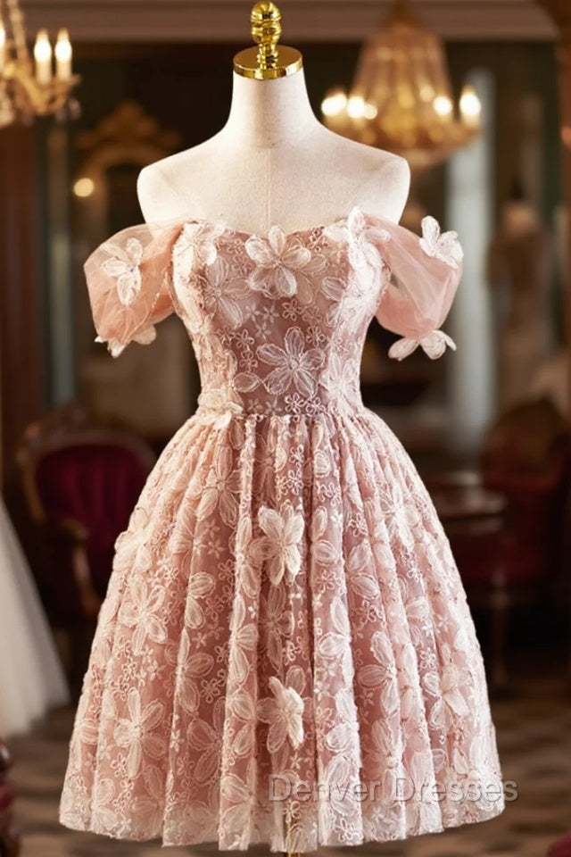 Beautiful Tulle Flower Knee Length Prom Dress, Off the Shoulder Short Sleeve Evening Party Dress