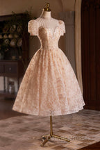 Beautiful Tulle Flower Tea Length Prom Dress, Off the Shoulder Short Sleeve Evening Party Dress