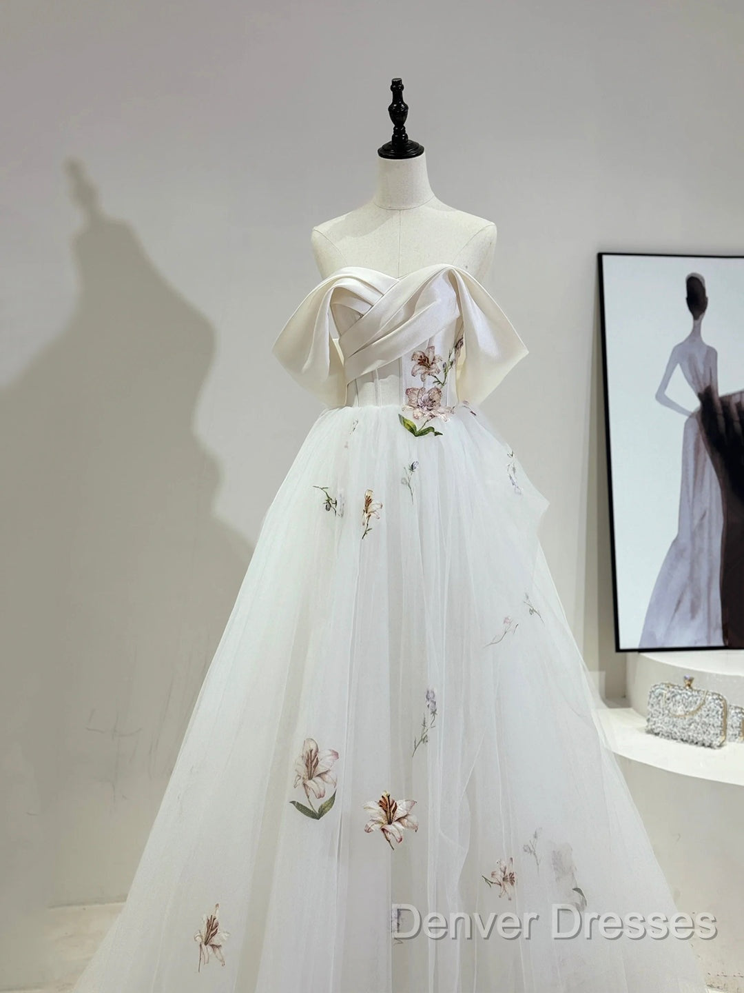 Beautiful Tulle Lace Long Prom Dress, Off The Shoulder Evening Party Dress