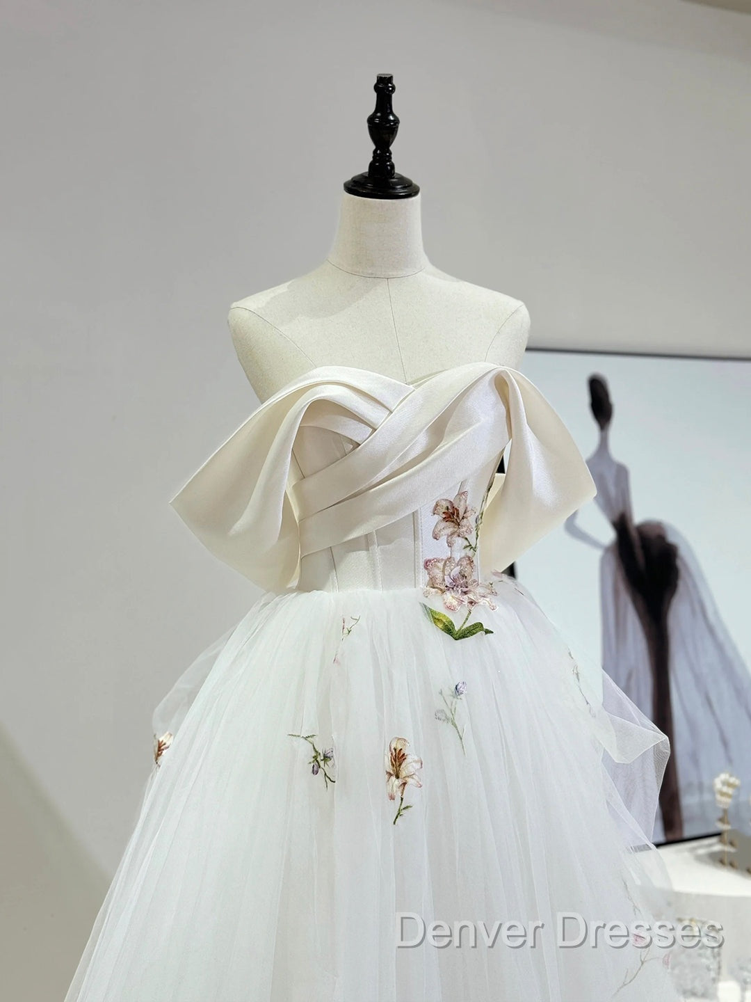 Beautiful Tulle Lace Long Prom Dress, Off The Shoulder Evening Party Dress