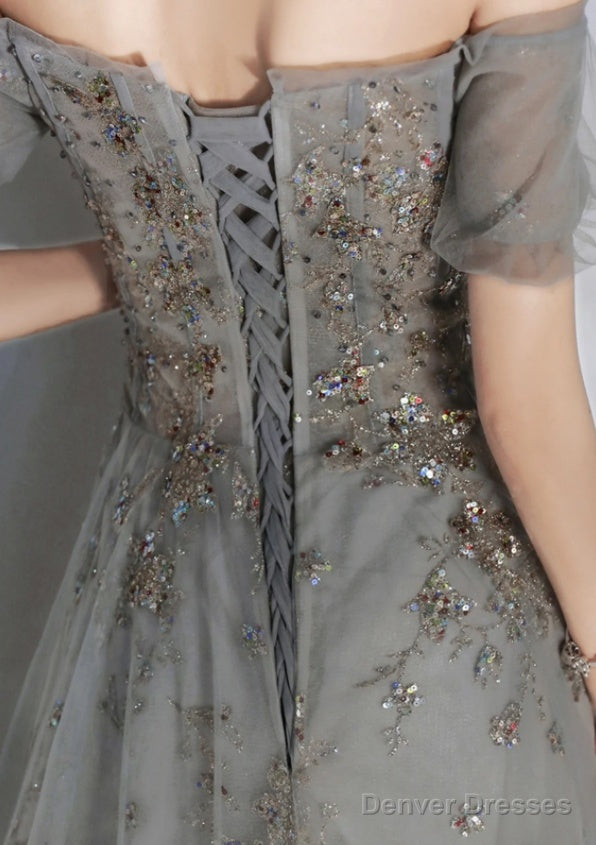 Beautiful Tulle Off Shoulder Prom Dress Lace-Up Evening Dress Gown, Grey Prom Dresses