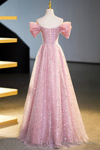 Beautiful Tulle Sequins Long Prom Dress, Pink Off Shoulder Evening Dress