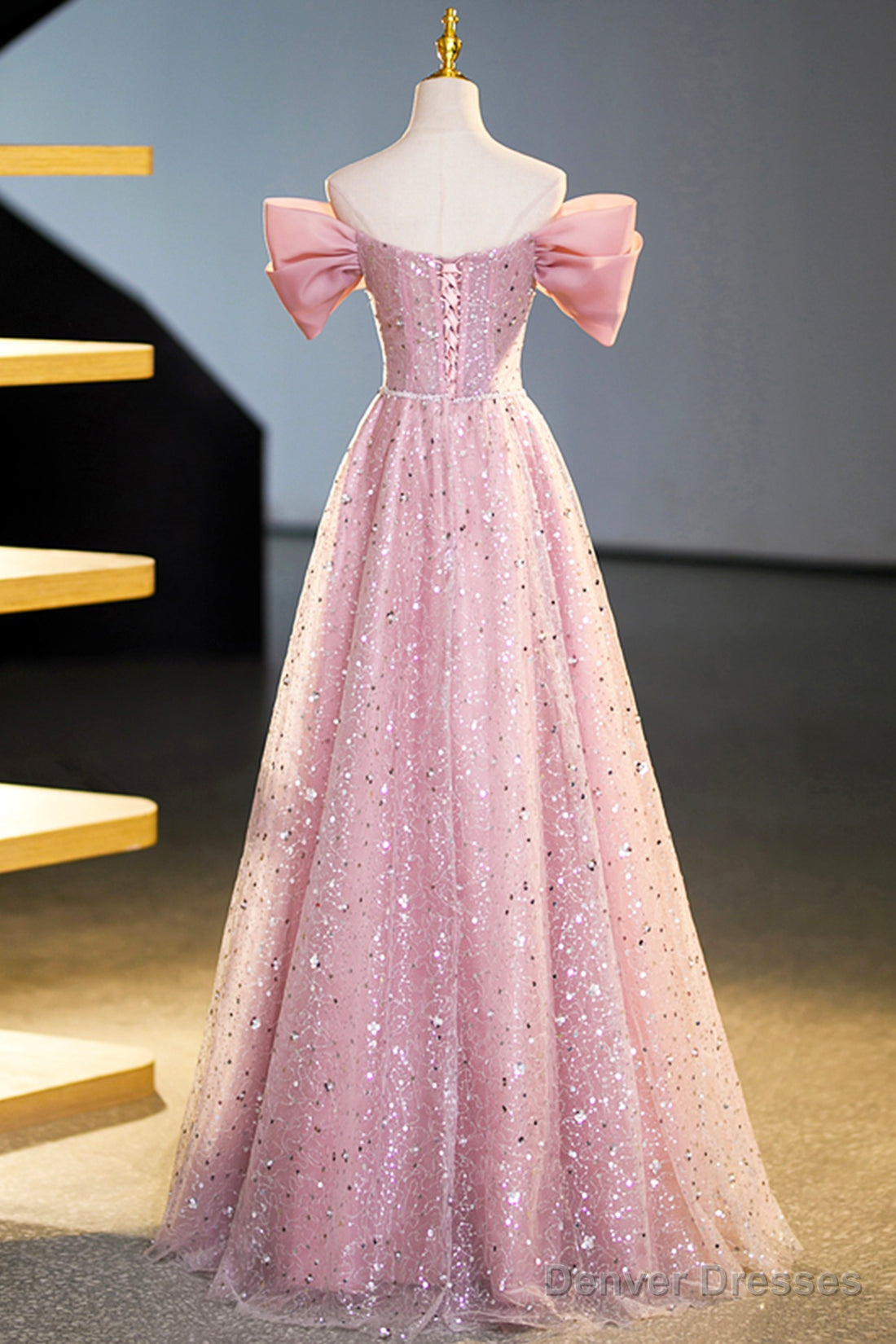 Beautiful Tulle Sequins Long Prom Dress, Pink Off Shoulder Evening Dress