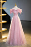 Beautiful Tulle Sequins Long Prom Dress, Pink Off Shoulder Evening Dress