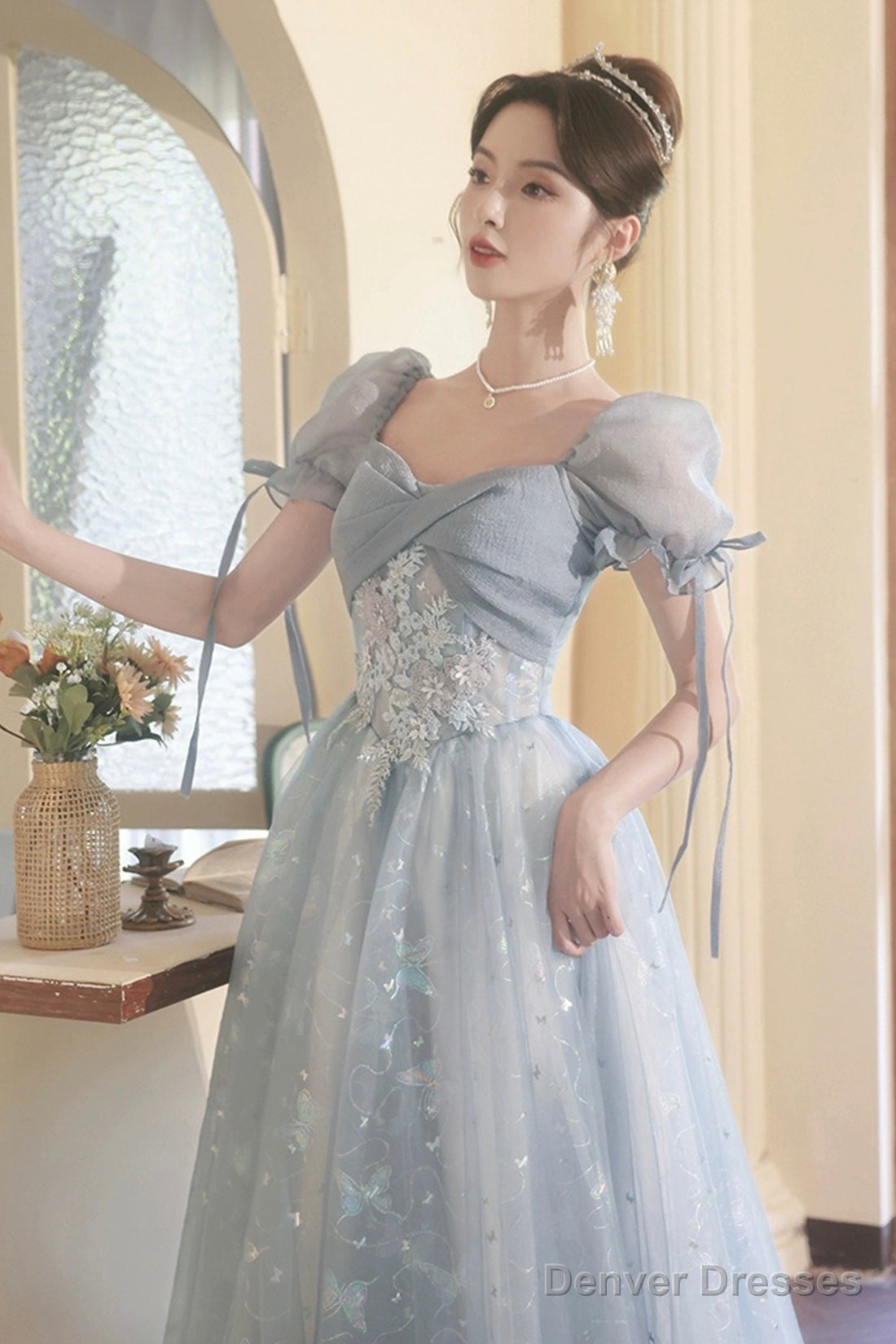 Beautiful Tulle Short Sleeves Formal Dress With Lace, Lovely Blue Long  Prom Dress Secondary image