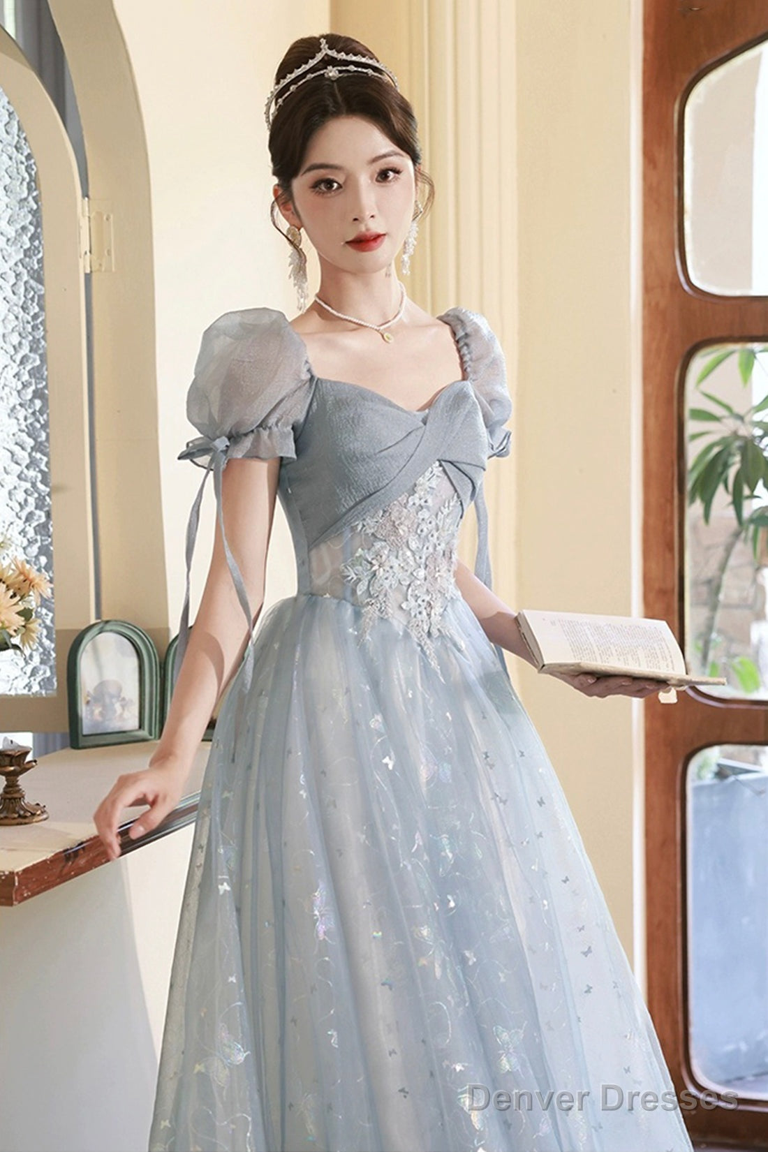 Beautiful Tulle Short Sleeves Formal Dress With Lace, Lovely Blue Long  Prom Dress