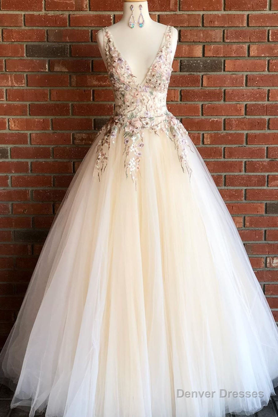 Beautiful V Neck Long Prom Dress with Floral Embroidery Main image