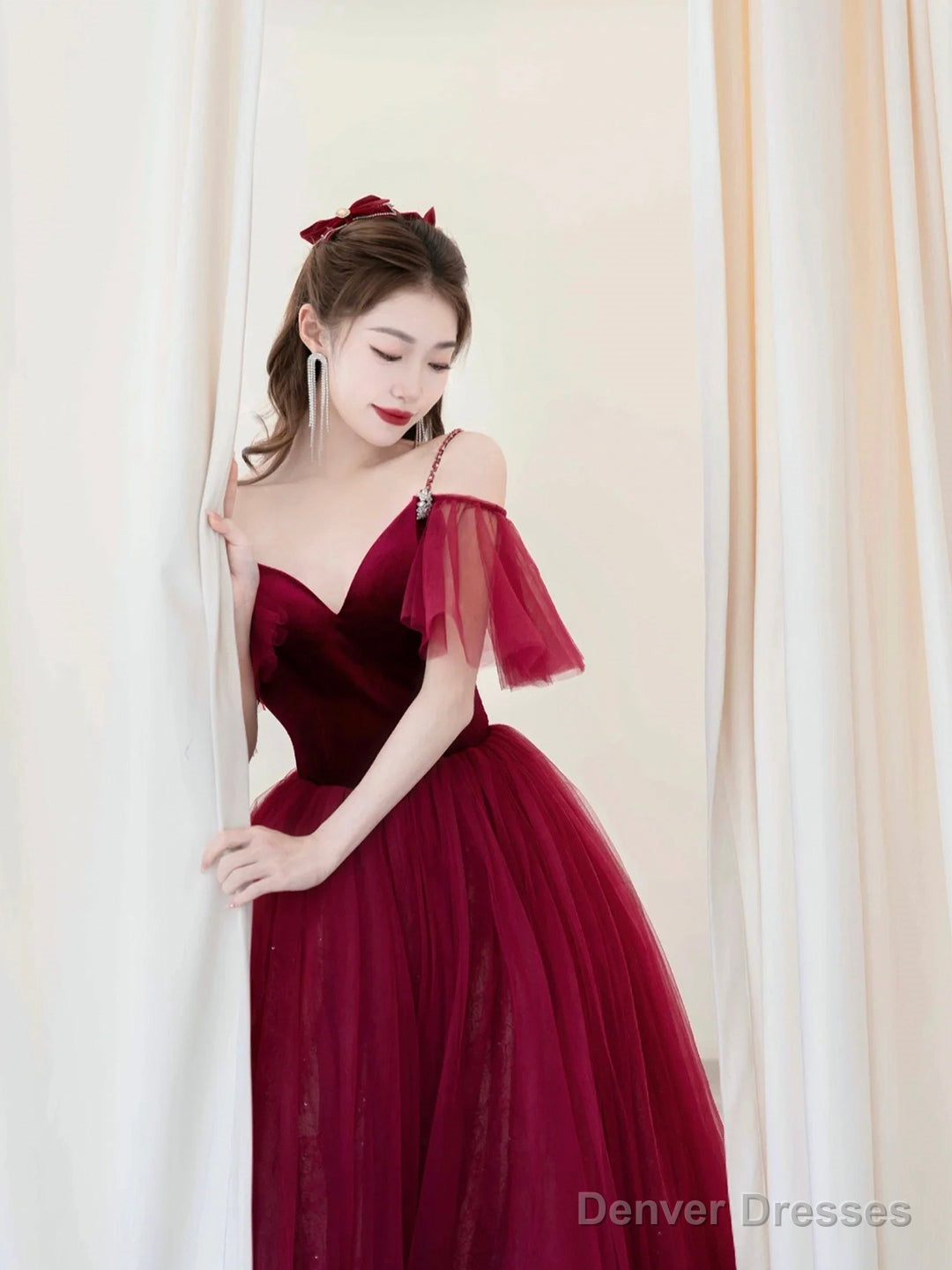 Beautiful V-Neck Velvet Tulle Long Prom Dress, Burgundy Spaghetti Strap Evening Party Dress