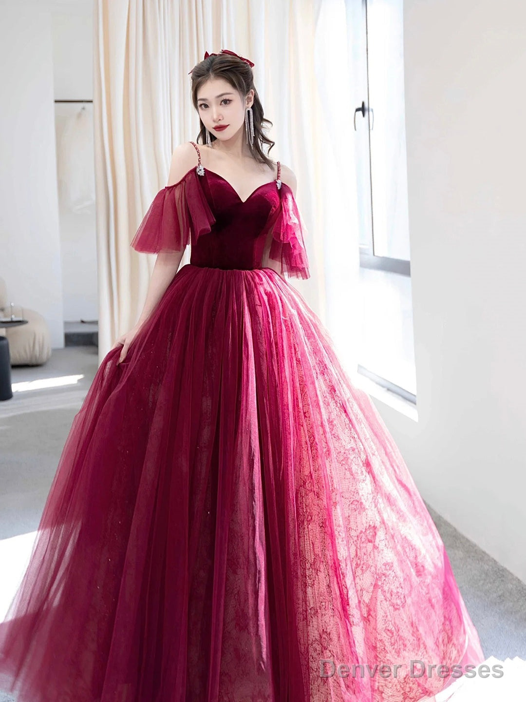 Beautiful V-Neck Velvet Tulle Long Prom Dress, Burgundy Spaghetti Strap Evening Party Dress Main image