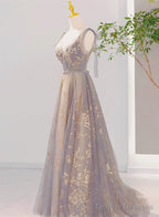 Beautiful V-Neckline Lace-Up Champagne And Grey Long Formal Dress, Tulle Prom Dress
