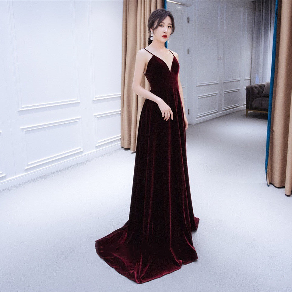 Beautiful V-Neckline Straps Wine Red Velvet Prom Dress, Long Party Dress Secondary image