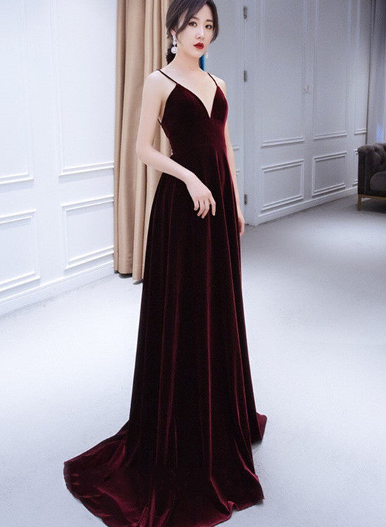 Beautiful V-Neckline Straps Wine Red Velvet Prom Dress, Long Party Dress