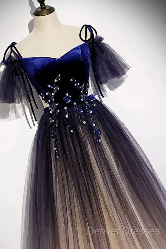 Beautiful Velvet And Gradient Tulle Long Party Dress, Straps Long Evening Gown Secondary image