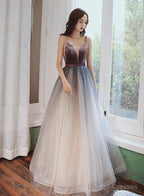 Beautiful Velvet And Gradient Tulle Straps Prom Dress, A-Line Evening Party Dresses