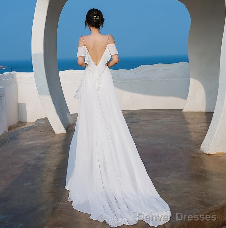 Beautiful White Chiffon Straps Low Back Long Wedding Party Dresses, White Long Formal Dresses Secondary image