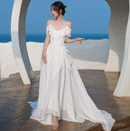 Beautiful White Chiffon Straps Low Back Long Wedding Party Dresses, White Long Formal Dresses