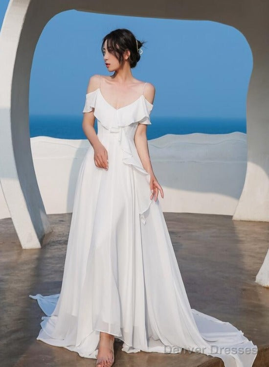 Beautiful White Chiffon Straps Low Back Long Wedding Party Dresses, White Long Formal Dresses Main image
