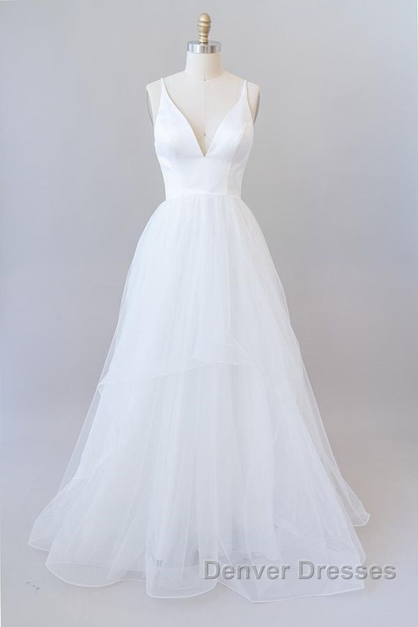 Beautiful White Long A-line V-neck Tulle Backless Wedding Dress Secondary image