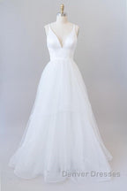 Beautiful White Long A-line V-neck Tulle Backless Wedding Dress