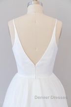 Beautiful White Long A-line V-neck Tulle Backless Wedding Dress