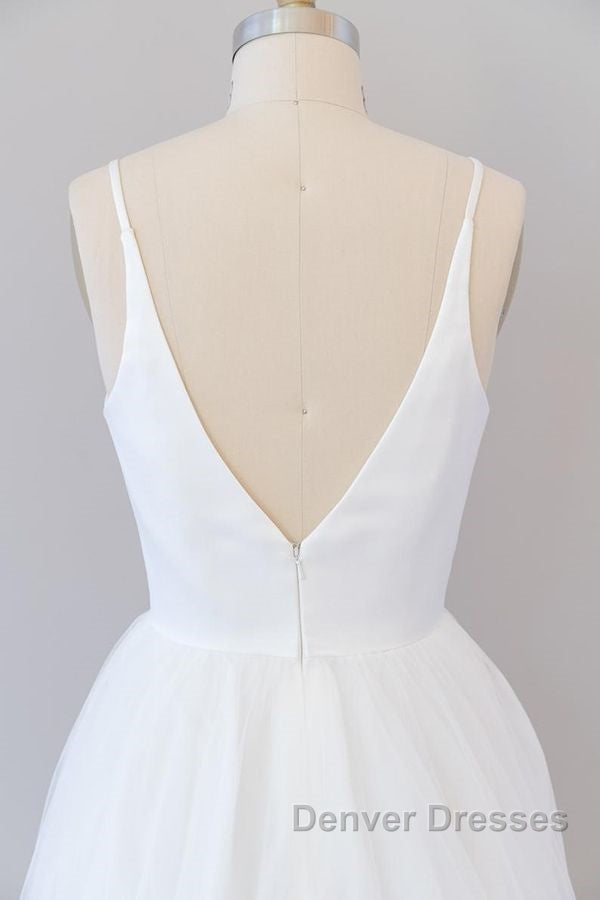 Beautiful White Long A-line V-neck Tulle Backless Wedding Dress