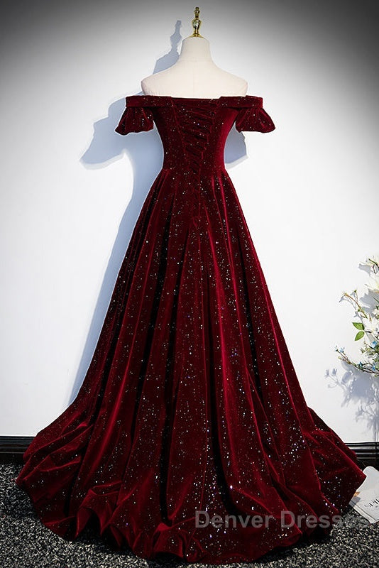 Beautiful Wine Red Off Shoulder Velvet Long Party Dress, A-Line Dark Red Prom Dress Secondary image