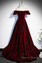 Beautiful Wine Red Off Shoulder Velvet Long Party Dress, A-Line Dark Red Prom Dress