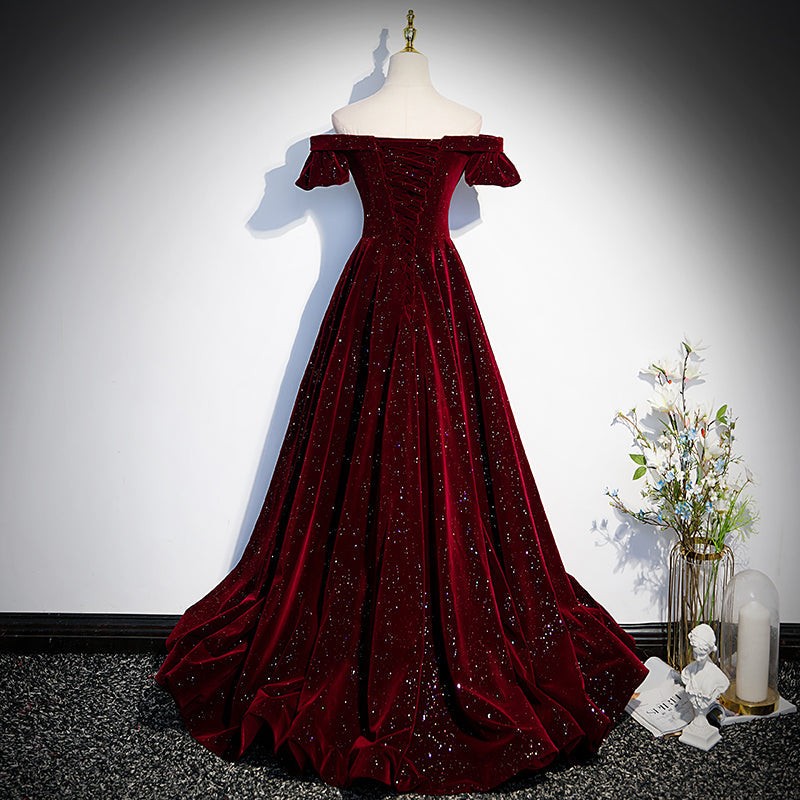 Beautiful Wine Red Off Shoulder Velvet Long Party Dress, A-Line Dark Red Prom Dress Secondary image