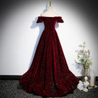 Beautiful Wine Red Off Shoulder Velvet Long Party Dress, A-Line Dark Red Prom Dress