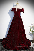 Beautiful Wine Red Off Shoulder Velvet Long Party Dress, A-Line Dark Red Prom Dress