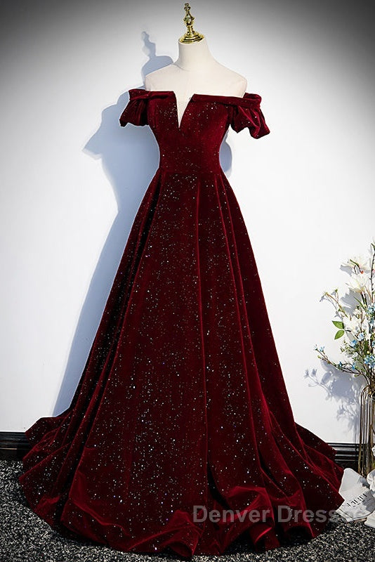 Beautiful Wine Red Off Shoulder Velvet Long Party Dress, A-Line Dark Red Prom Dress