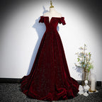 Beautiful Wine Red Off Shoulder Velvet Long Party Dress, A-Line Dark Red Prom Dress