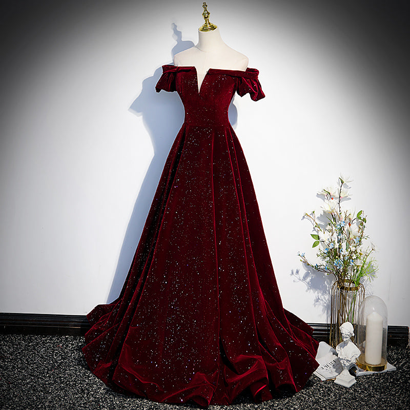 Beautiful Wine Red Off Shoulder Velvet Long Party Dress, A-Line Dark Red Prom Dress