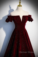 Beautiful Wine Red Off Shoulder Velvet Long Party Dress, A-Line Dark Red Prom Dress