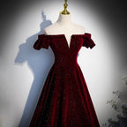 Beautiful Wine Red Off Shoulder Velvet Long Party Dress, A-Line Dark Red Prom Dress