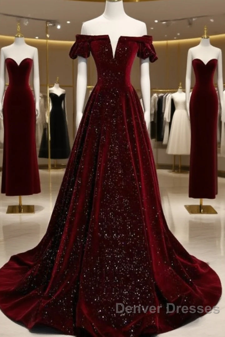 Beautiful Wine Red Off Shoulder Velvet Long Party Dress, A-Line Dark Red Prom Dress