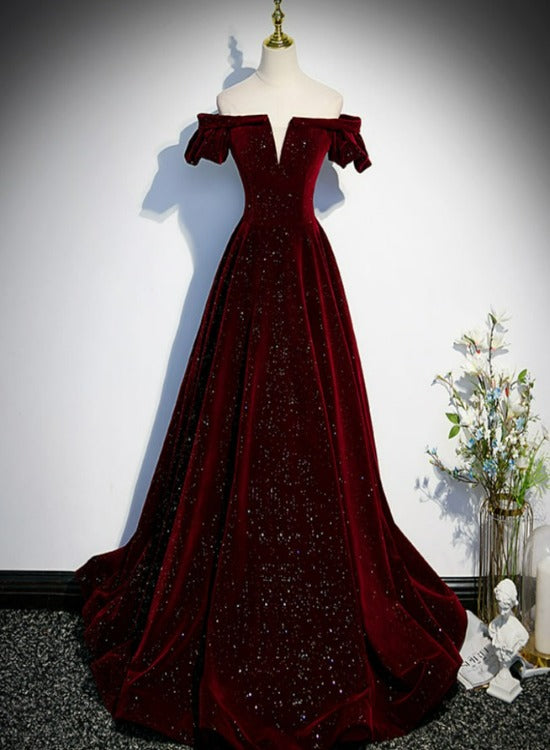Beautiful Wine Red Off Shoulder Velvet Long Party Dress, A-Line Dark Red Prom Dress Main image