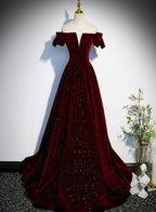 Beautiful Wine Red Off Shoulder Velvet Long Party Dress, A-Line Dark Red Prom Dress