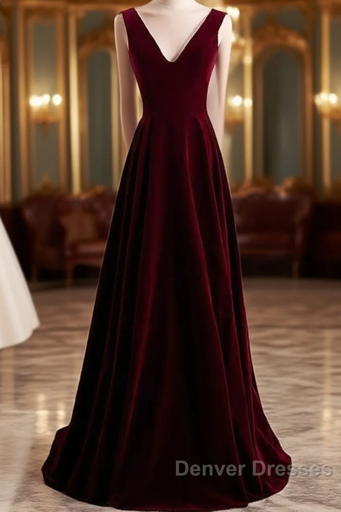 Beautiful Wine Red Simple Long A-Ine Wedding Party Dress, Dark Red Prom Dress Main image