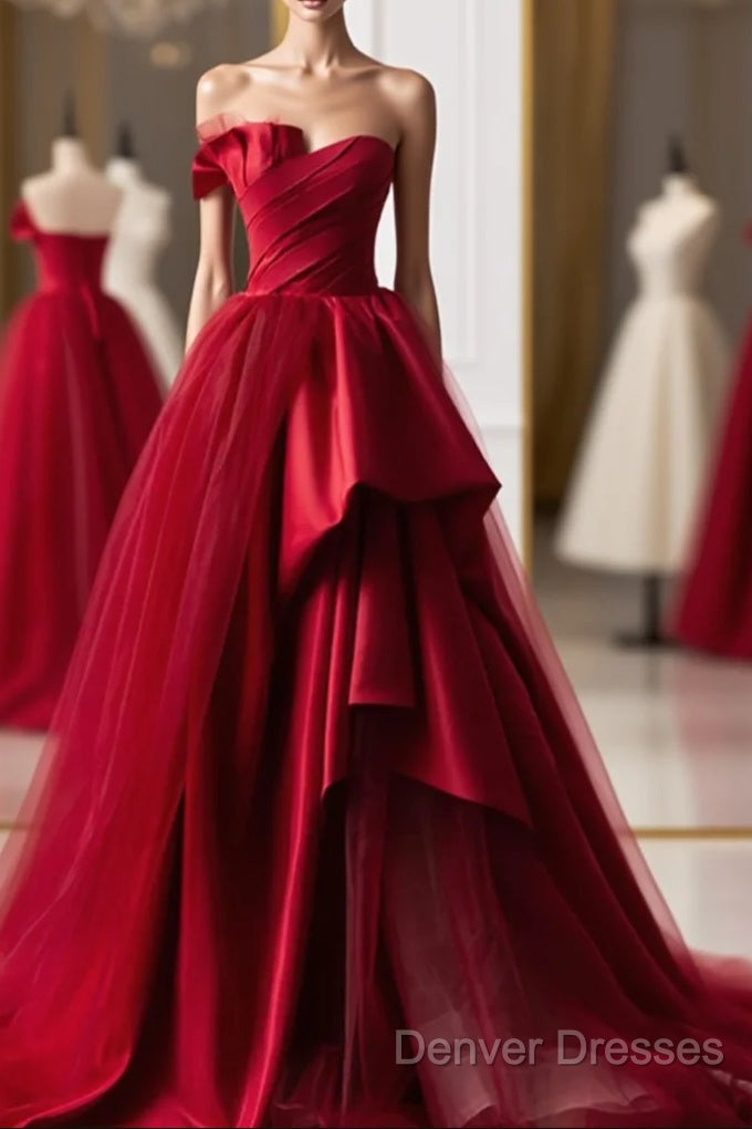 Beautiful Wine Red Sweetheart Tulle And Satin Party Dress, Wine Red Long Formal Dress Main image