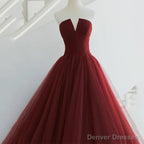 Beautiful Wine Red Tulle Long Floor Length Sweet 16 Dress, Dark Red Evening Gown
