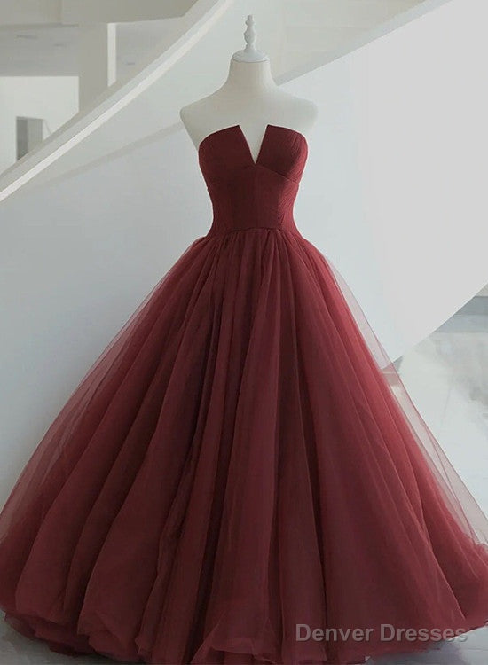 Beautiful Wine Red Tulle Long Floor Length Sweet 16 Dress, Dark Red Evening Gown Main image