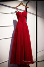 Beautiful Wine Red Tulle Long Straps Party Dress Prom Dress, A-Line Dark Red Formal Gown