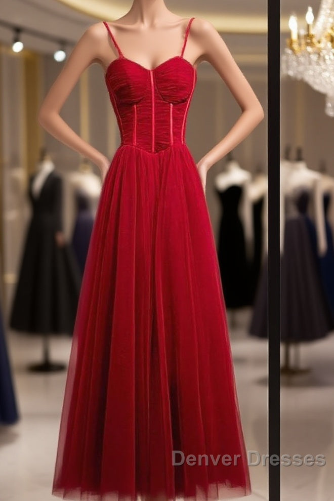 Beautiful Wine Red Tulle Long Straps Party Dress Prom Dress, A-Line Dark Red Formal Gown Main image